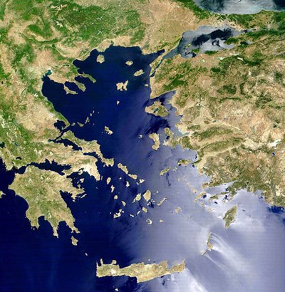 Satellite view of the Aegean Sea: Crete is island at centre bottom by National Aeronautics and Space Administration National Aeronautics and Space Administration